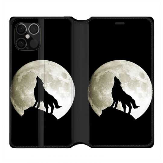 Housse Cuir Portefeuille Pour Iphone 12 / 12 Pro Loup Noir