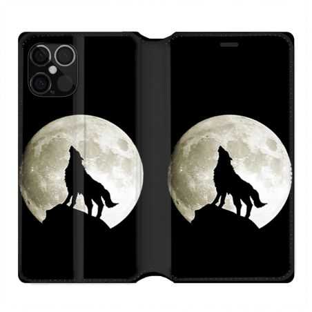 Housse Cuir Portefeuille Pour Iphone 12 / 12 Pro Loup Noir