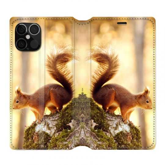 Housse Cuir Portefeuille Pour Iphone 12 / 12 Pro Ecureuil Bois