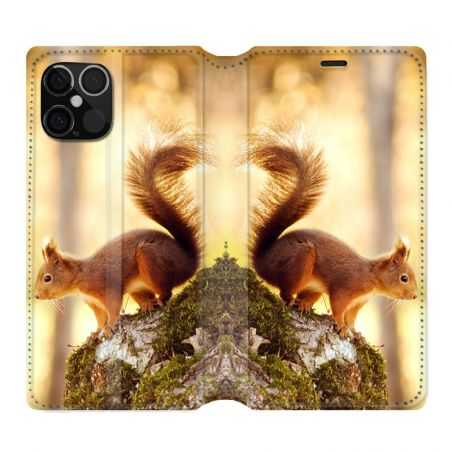 Housse Cuir Portefeuille Pour Iphone 12 / 12 Pro Ecureuil Bois