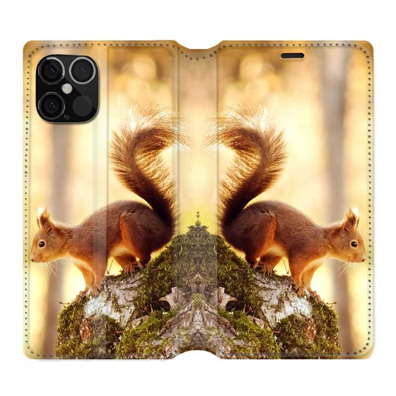 Housse Cuir Portefeuille Pour Iphone 12 / 12 Pro Ecureuil Bois