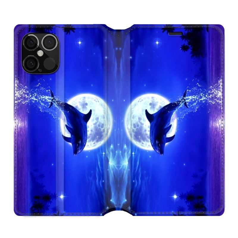 Housse Cuir Portefeuille Pour Iphone 12 / 12 Pro Dauphin Lune