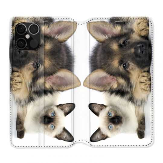 Housse Cuir Portefeuille Pour Iphone 12 / 12 Pro Chien vs Chat