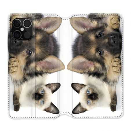 Housse Cuir Portefeuille Pour Iphone 12 / 12 Pro Chien vs Chat