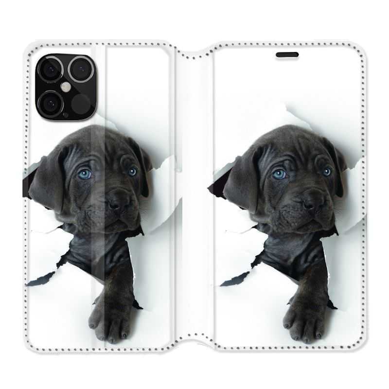 Housse Cuir Portefeuille Pour Iphone 12 / 12 Pro Chien Noir