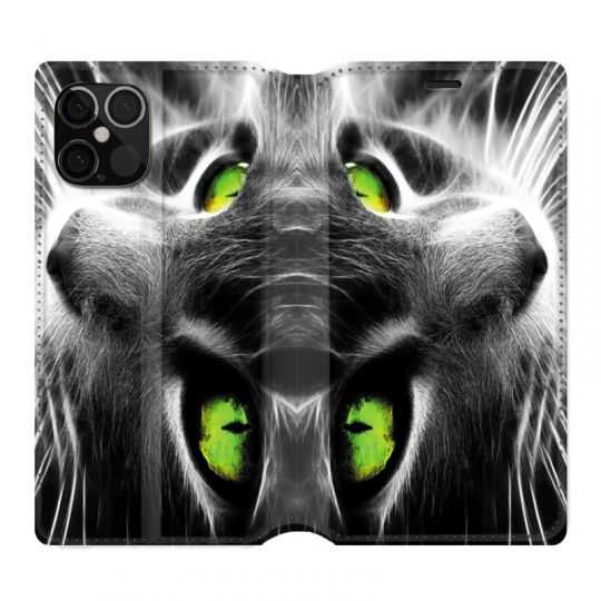 Housse Cuir Portefeuille Pour Iphone 12 / 12 Pro Chat Vert