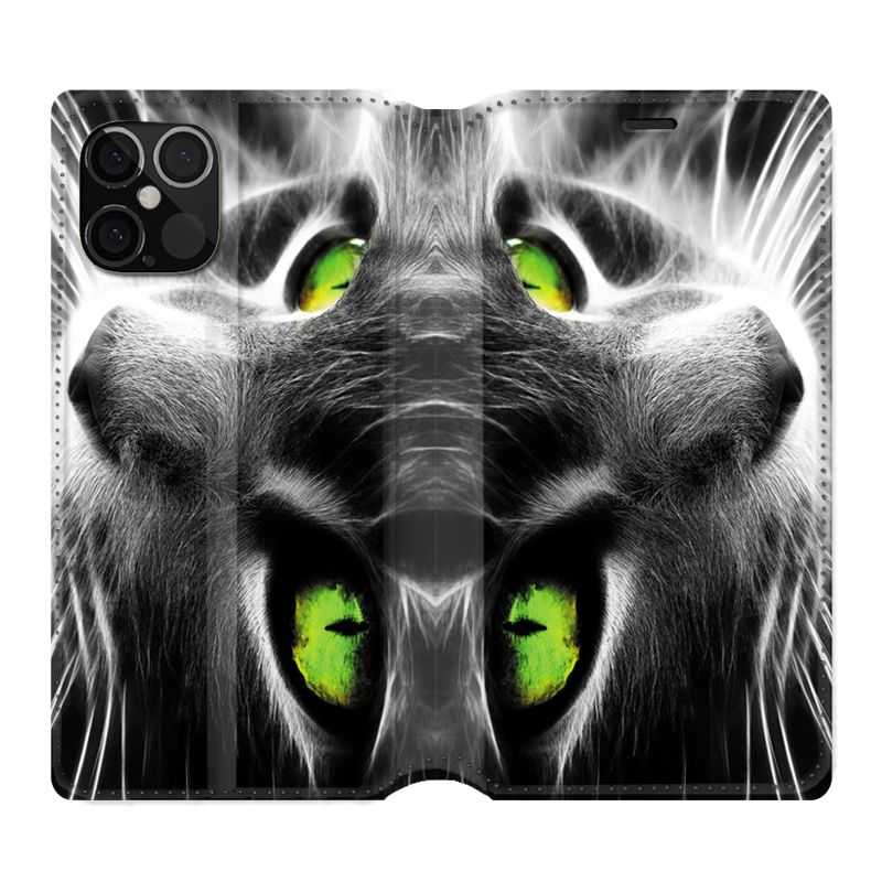 Housse Cuir Portefeuille Pour Iphone 12 / 12 Pro Chat Vert