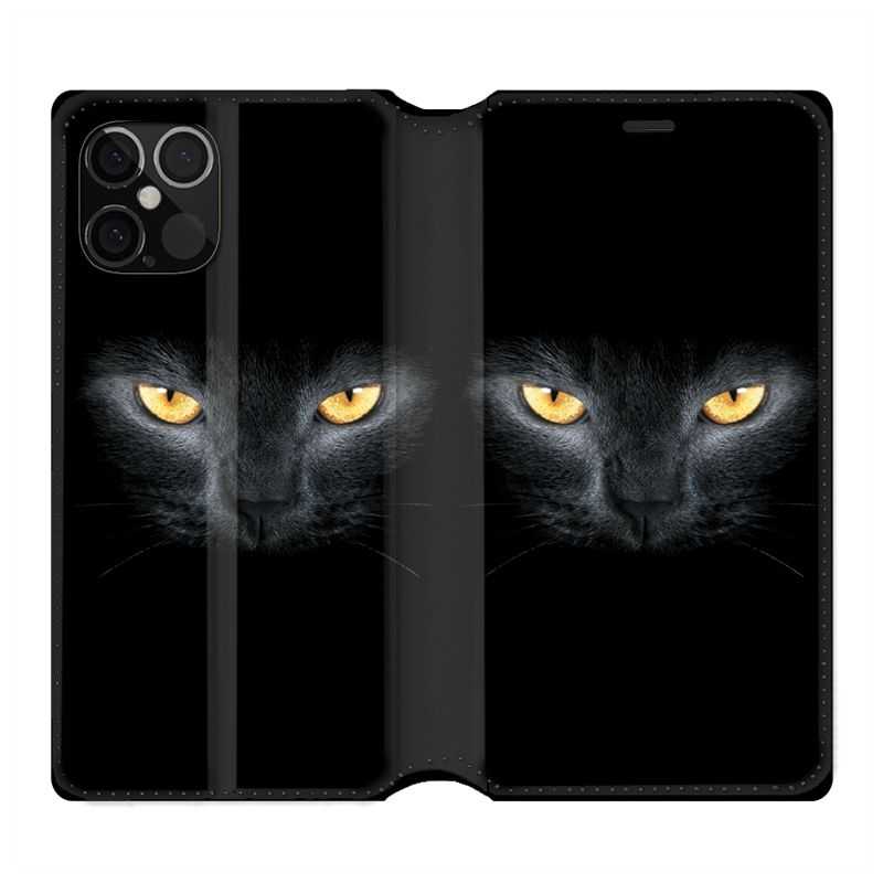 Housse Cuir Portefeuille Pour Iphone 12 / 12 Pro Chat Noir