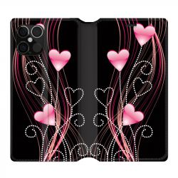 Housse Cuir Portefeuille Pour Iphone 12 / 12 Pro Coeur Rose Montant sur Noir