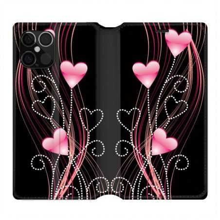 Housse Cuir Portefeuille Pour Iphone 12 / 12 Pro Coeur Rose Montant sur Noir