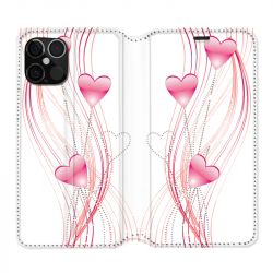 Housse Cuir Portefeuille Pour Iphone 12 / 12 Pro Coeur Rose Montant sur Blanc