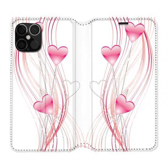 Housse Cuir Portefeuille Pour Iphone 12 / 12 Pro Coeur Rose Montant sur Blanc