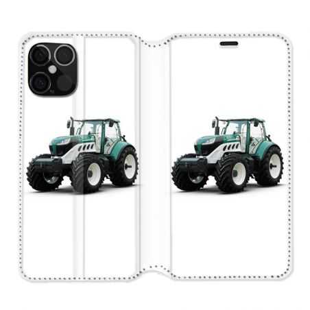 Housse Cuir Portefeuille Pour Iphone 12 / 12 Pro Agriculture Tracteur Blanc