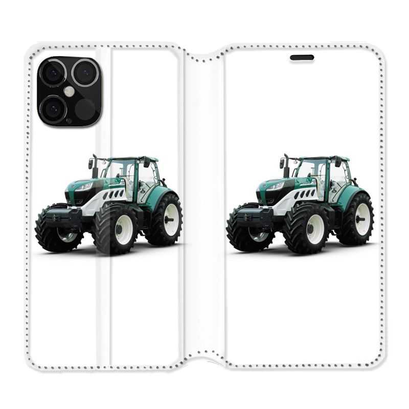 Housse Cuir Portefeuille Pour Iphone 12 / 12 Pro Agriculture Tracteur Blanc