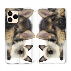 housse Cuir Portefeuille Pour Iphone 12 Mini Chien vs Chat