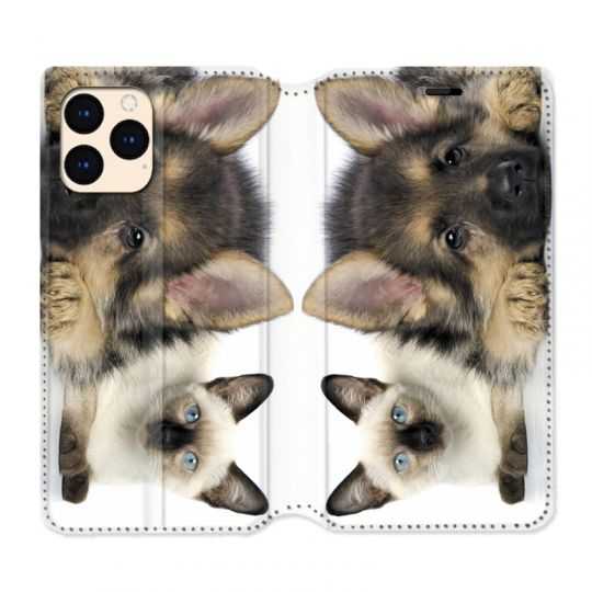 housse Cuir Portefeuille Pour Iphone 12 Mini Chien vs Chat