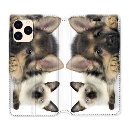 housse Cuir Portefeuille Pour Iphone 12 Mini Chien vs Chat