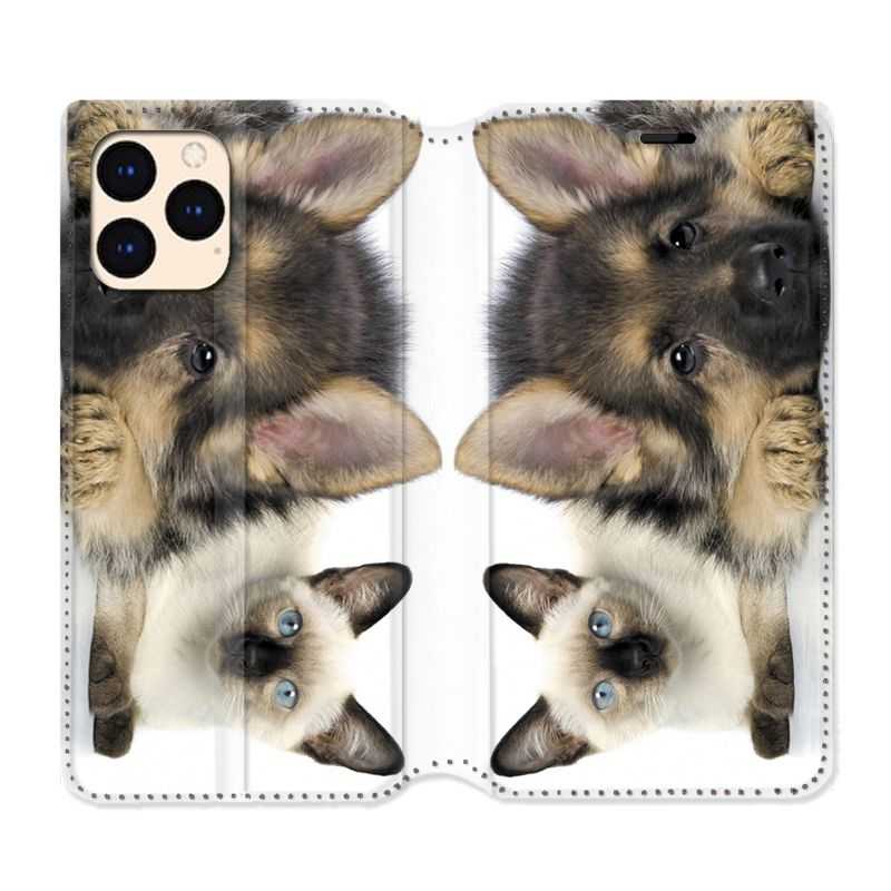 housse Cuir Portefeuille Pour Iphone 12 Mini Chien vs Chat