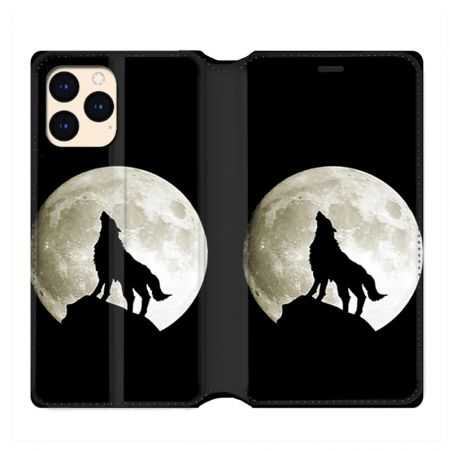 housse Cuir Portefeuille Pour Iphone 12 Mini Loup Noir