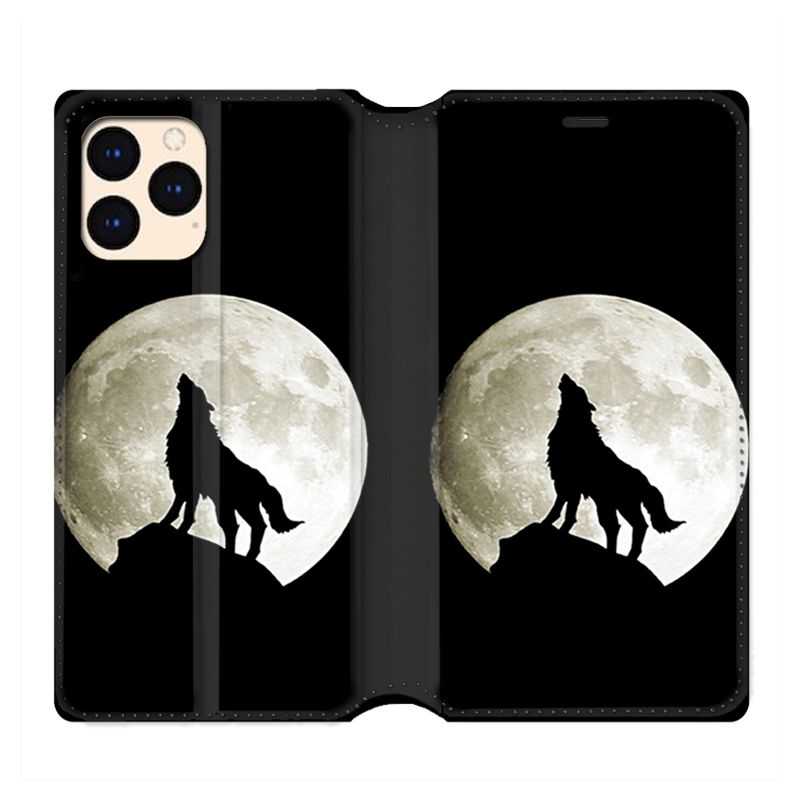 housse Cuir Portefeuille Pour Iphone 12 Mini Loup Noir