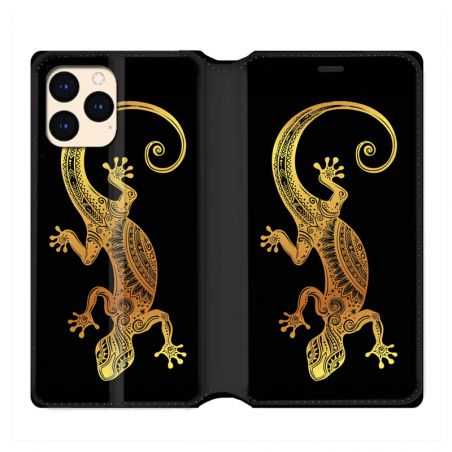 housse Cuir Portefeuille Pour Iphone 12 Mini Animaux Maori Lezard Noir