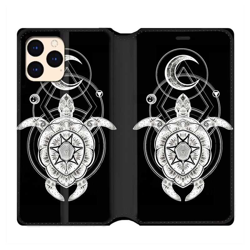 housse Cuir Portefeuille Pour Iphone 12 Mini Animaux Maori Tortue Noir
