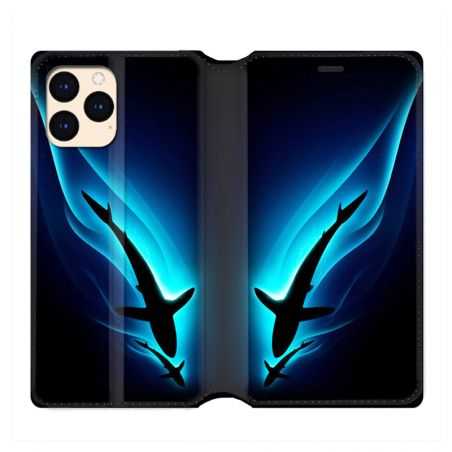 housse Cuir Portefeuille Pour Iphone 12 Mini Requin Noir