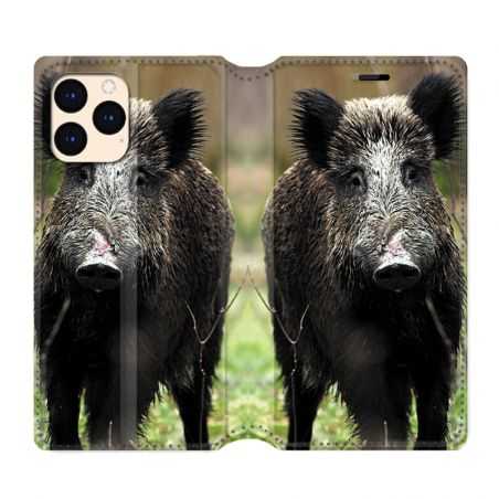 housse Cuir Portefeuille Pour Iphone 12 Mini Chasse Sanglier bois