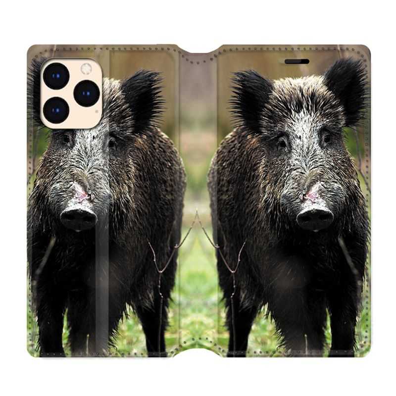 housse Cuir Portefeuille Pour Iphone 12 Mini Chasse Sanglier bois