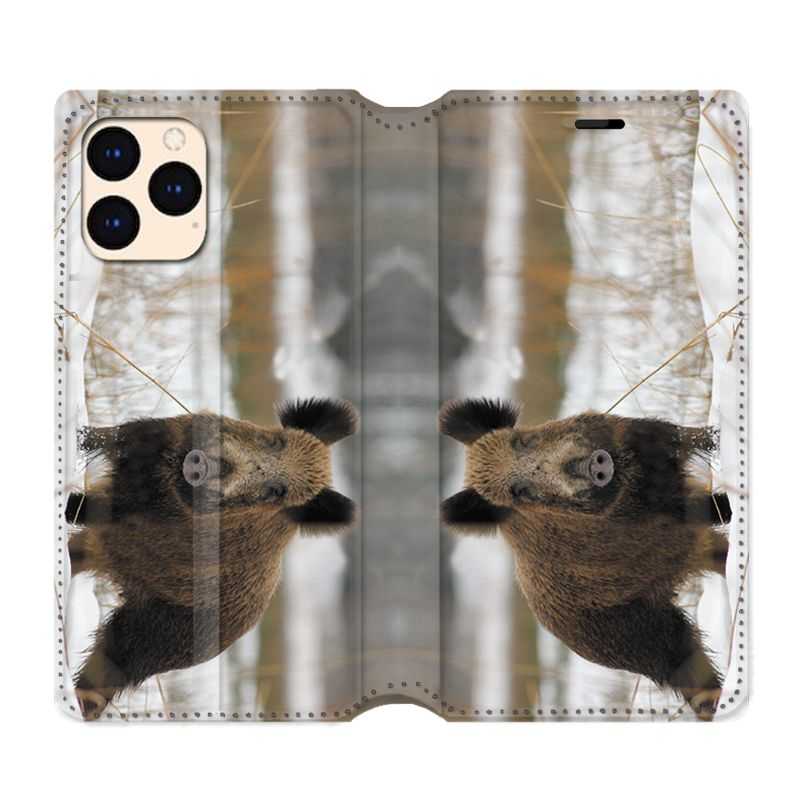 housse Cuir Portefeuille Pour Iphone 12 Mini Chasse Sanglier Neige