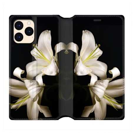 housse Cuir Portefeuille Pour Iphone 12 Mini Fleur Lys Noir