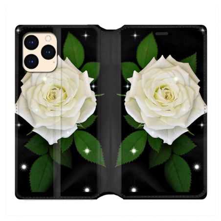 housse Cuir Portefeuille Pour Iphone 12 Mini Fleur Rose Blanche