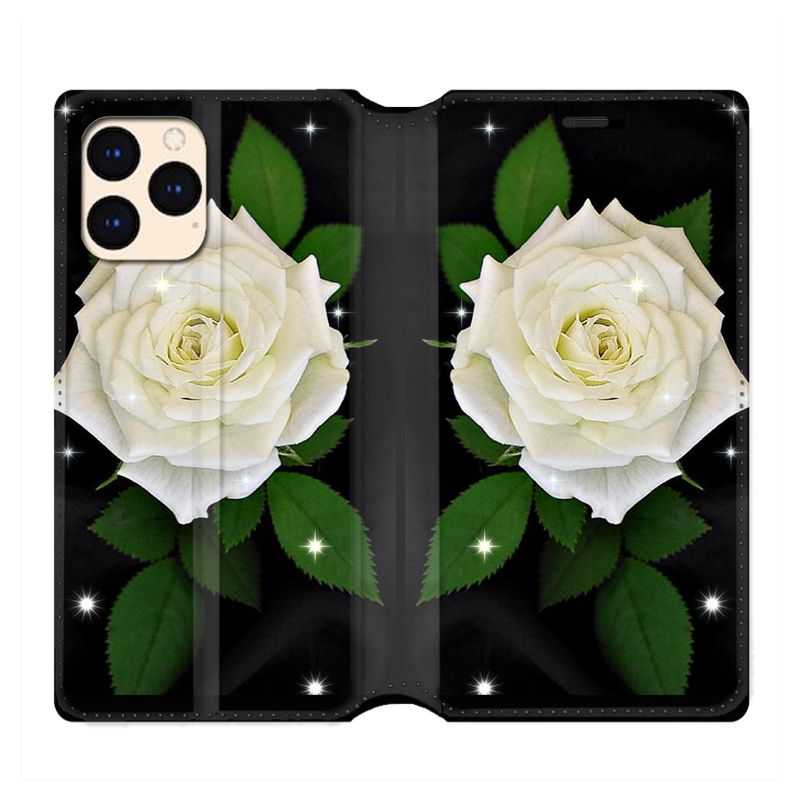 housse Cuir Portefeuille Pour Iphone 12 Mini Fleur Rose Blanche