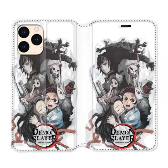 housse Cuir Portefeuille Pour Iphone 12 Mini Manga Demon Slayer Blanc