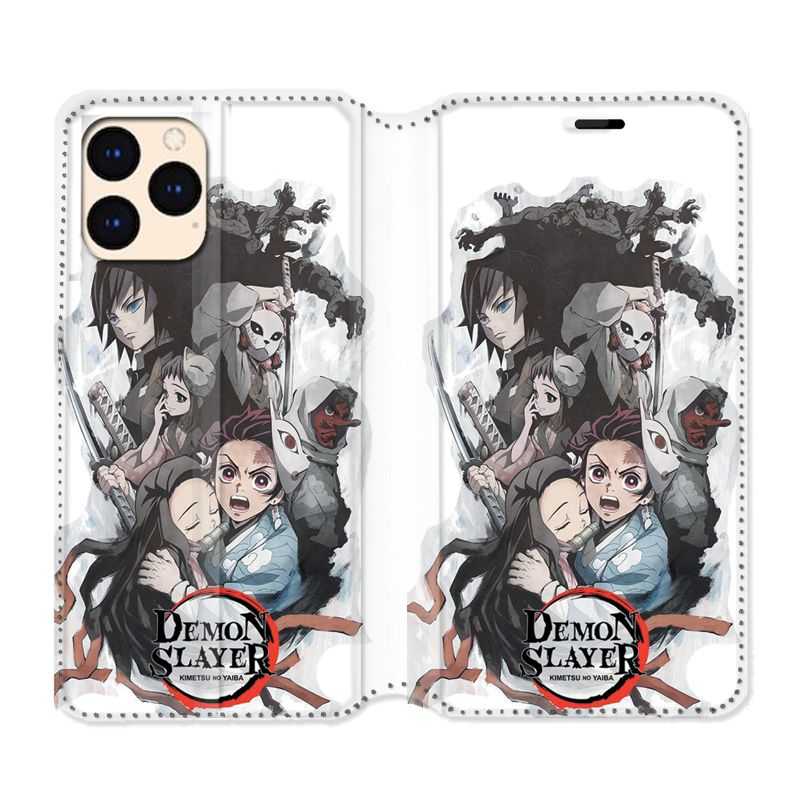 housse Cuir Portefeuille Pour Iphone 12 Mini Manga Demon Slayer Blanc