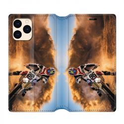 housse Cuir Portefeuille Pour Iphone 12 Mini Moto Cross Blanc