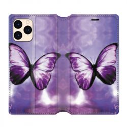 housse Cuir Portefeuille Pour Iphone 12 Mini Papillon Violet et Blanc