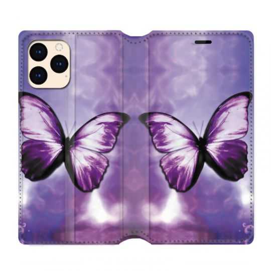 housse Cuir Portefeuille Pour Iphone 12 Mini Papillon Violet et Blanc