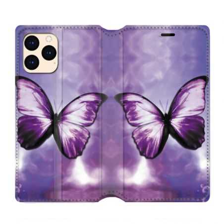 housse Cuir Portefeuille Pour Iphone 12 Mini Papillon Violet et Blanc