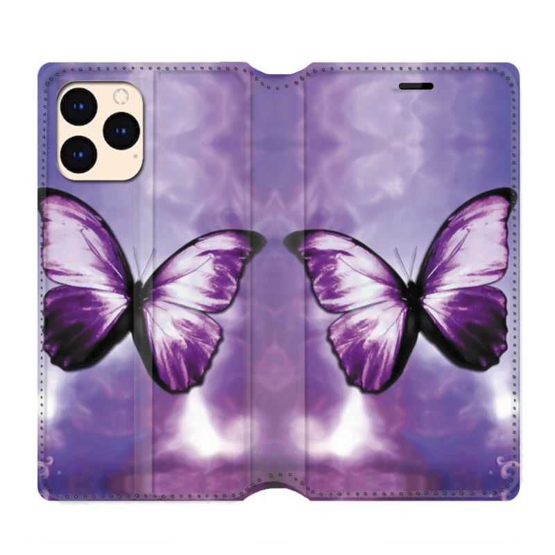 housse Cuir Portefeuille Pour Iphone 12 Mini Papillon Violet et Blanc