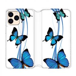 housse Cuir Portefeuille Pour Iphone 12 Mini Papillon bleu sur Blanc