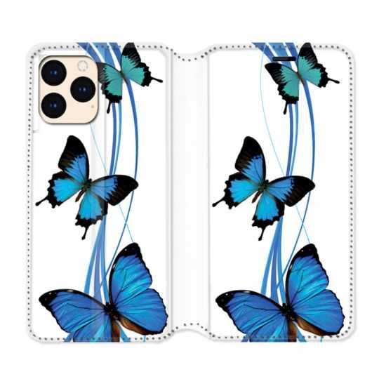 housse Cuir Portefeuille Pour Iphone 12 Mini Papillon bleu sur Blanc