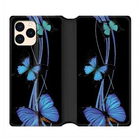 housse Cuir Portefeuille Pour Iphone 12 Mini Papillon bleu sur Noir
