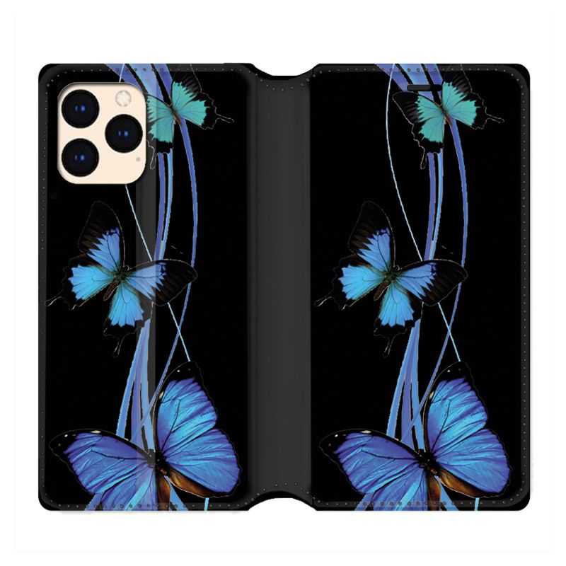 housse Cuir Portefeuille Pour Iphone 12 Mini Papillon bleu sur Noir