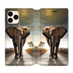 housse Cuir Portefeuille Pour Iphone 12 Mini Savane Elephant Route