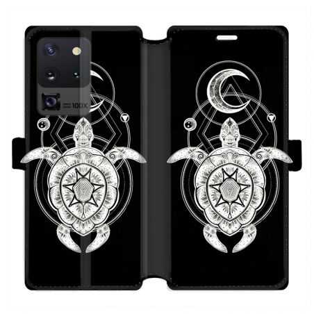 Housse cuir portefeuille pour Samsung Galaxy S20 Ultra Animaux Maori Tortue noir