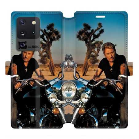 Housse cuir portefeuille pour Samsung Galaxy S20 Ultra Johnny Hallyday Moto