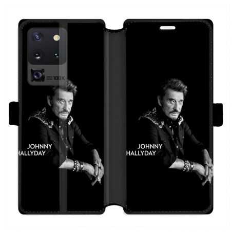 Housse cuir portefeuille pour Samsung Galaxy S20 Ultra Johnny Hallyday Noir