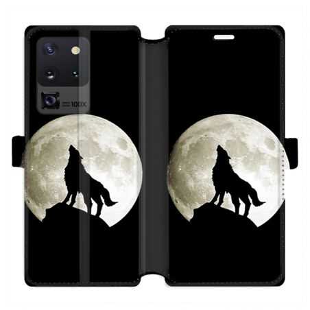 Housse cuir portefeuille pour Samsung Galaxy S20 Ultra Loup Noir