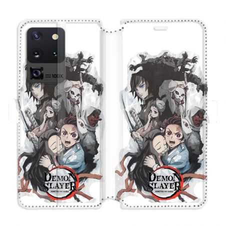 Housse cuir portefeuille pour Samsung Galaxy S20 Ultra Manga demon Slayer Blanc